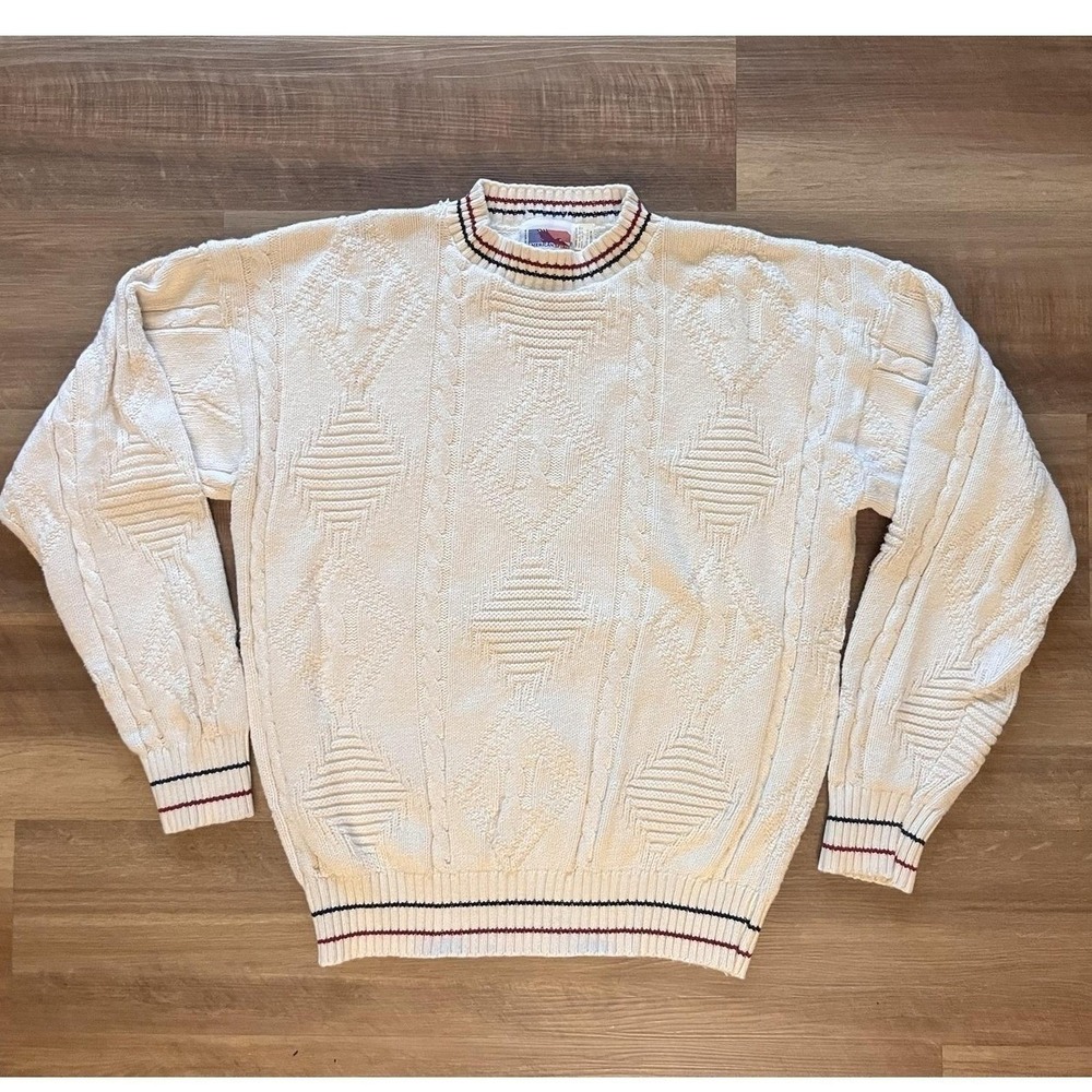 Vintage American Spirit Sweater Mens Medium White  Knit Crewneck Made USA